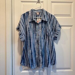 NWT Allison Daley Blue Tie Dye Short Sleeve Button Up Top - Size XL